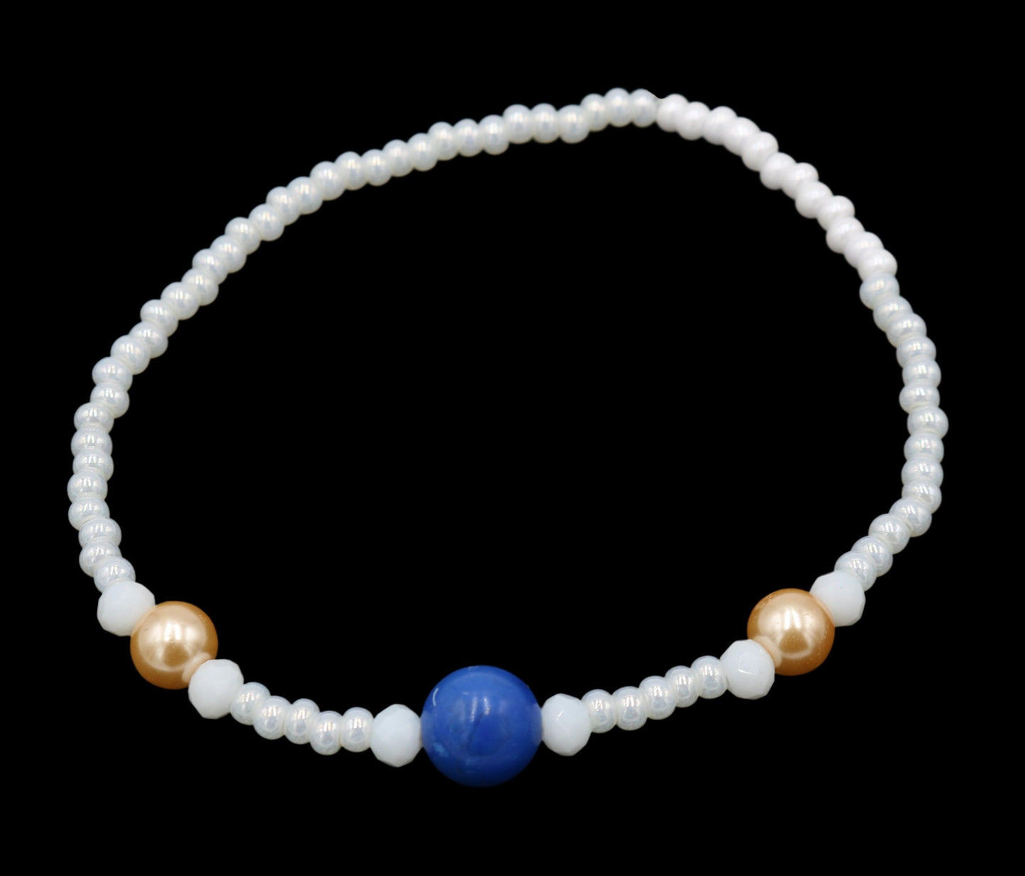 White Me Down and Pearl Me Blue Iridescent Pearl White Rose Gold Glass Pearls and Blue Fun Boho Stretch Stack Bracelet Women’s Gift 2022 - Monkeysmojo