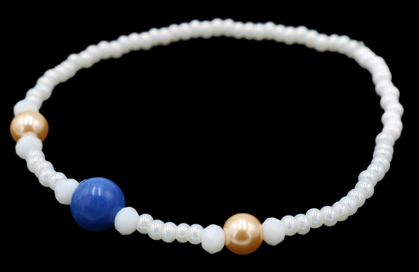 White Me Down and Pearl Me Blue Iridescent Pearl White Rose Gold Glass Pearls and Blue Fun Boho Stretch Stack Bracelet Women’s Gift 2022 - Monkeysmojo
