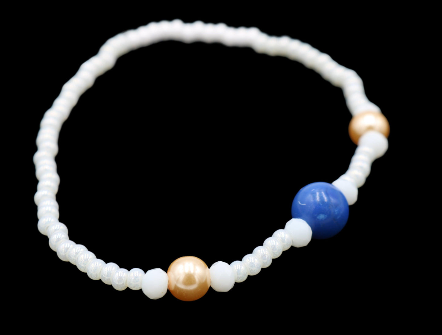 White Me Down and Pearl Me Blue Iridescent Pearl White Rose Gold Glass Pearls and Blue Fun Boho Stretch Stack Bracelet Women’s Gift 2022 - Monkeysmojo