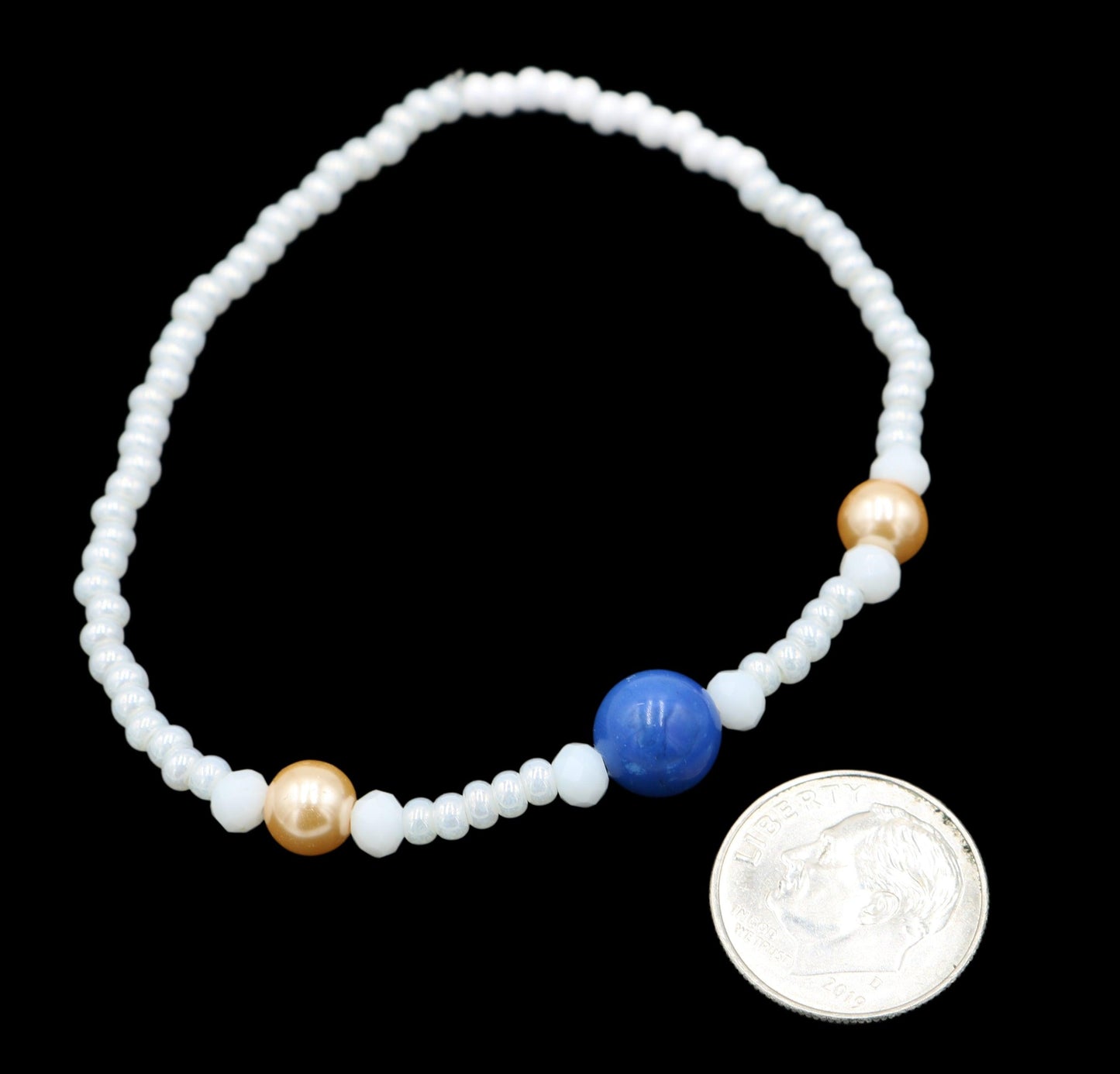 White Me Down and Pearl Me Blue Iridescent Pearl White Rose Gold Glass Pearls and Blue Fun Boho Stretch Stack Bracelet Women’s Gift 2022 - Monkeysmojo