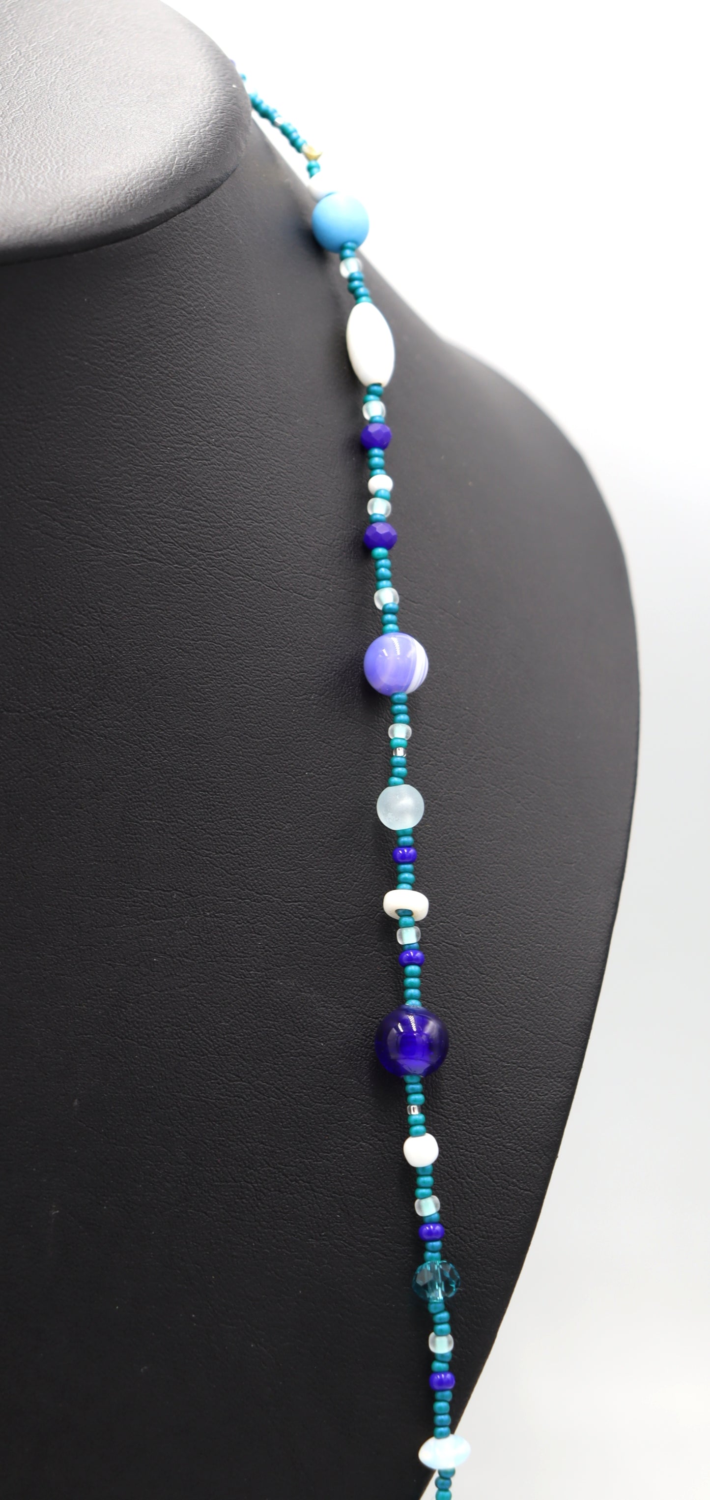 This Necklace with Blue You Away – Blue and White 38” Long Party Necklace by Monkey’s Mojo