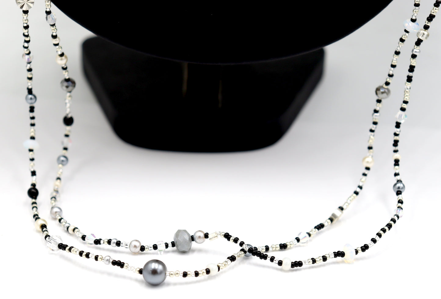 Monochromatic Magic Black, White, and Silver 70” Long Wrap Necklace by Monkey’s Mojo