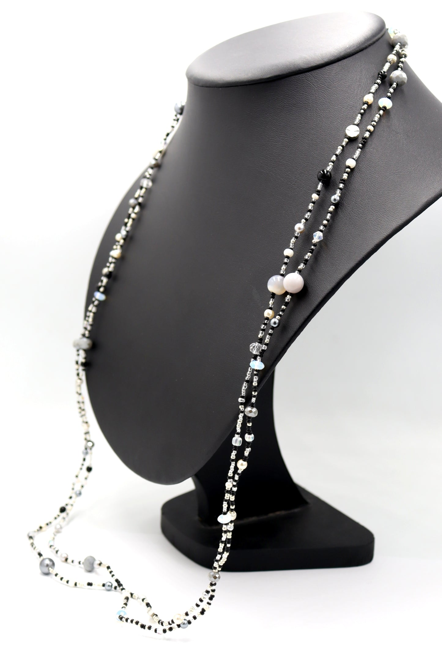 Monochromatic Magic Black, White, and Silver 70” Long Wrap Necklace by Monkey’s Mojo