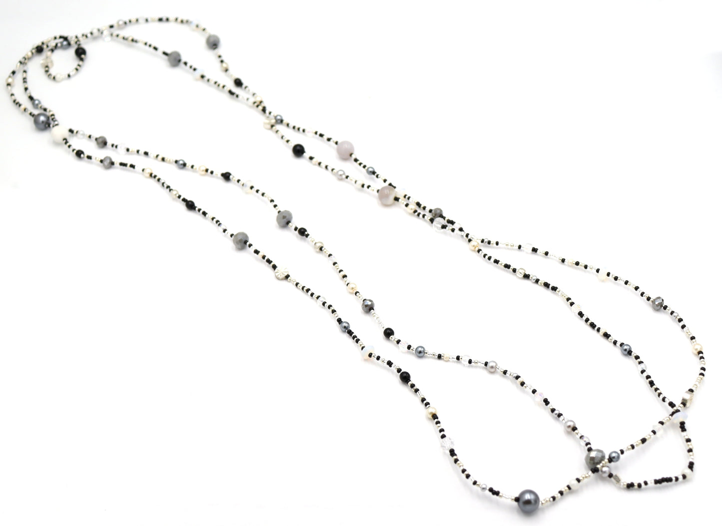 Monochromatic Magic Black, White, and Silver 70” Long Wrap Necklace by Monkey’s Mojo