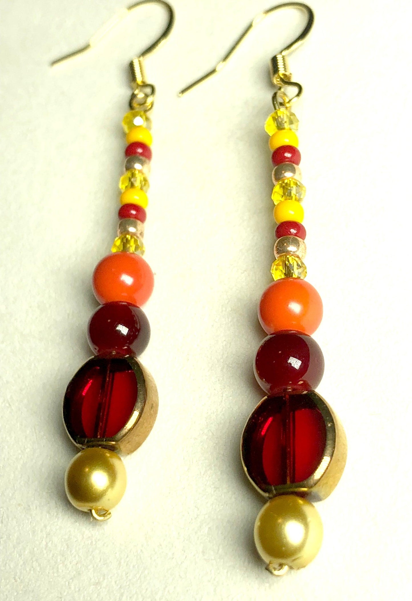 Fire Element Burn Baby Burn Long Women's Glass Dangle Earrings - Yellow Gold, Yellow, Orange, and Red - Monkeysmojo