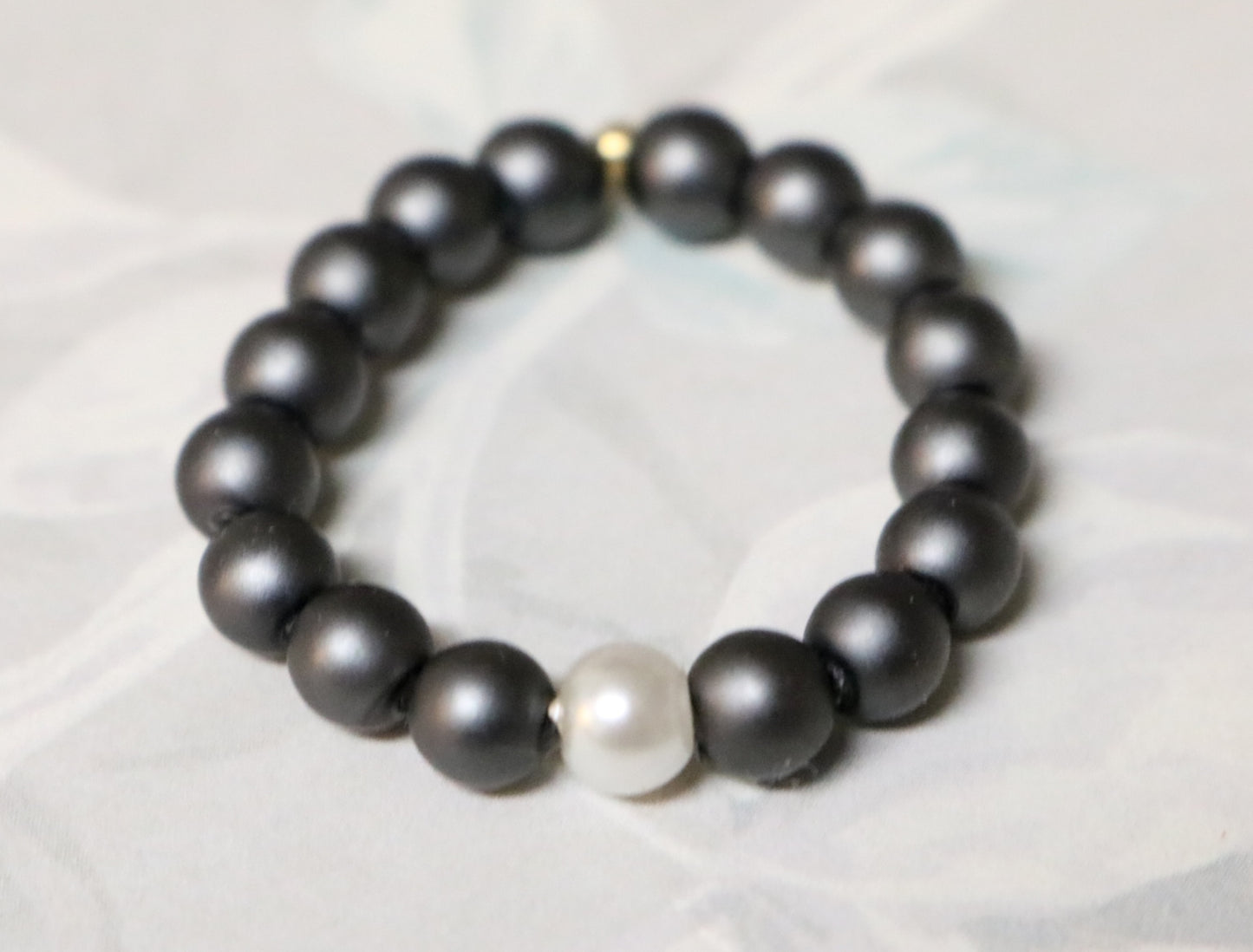Pearling on the Ritz - White Glass Pearl and Gun Metal Grey Round Beaded Ring by Monkey's Mojo