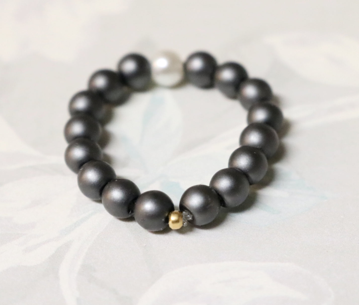 Pearling on the Ritz - White Glass Pearl and Gun Metal Grey Round Beaded Ring by Monkey's Mojo