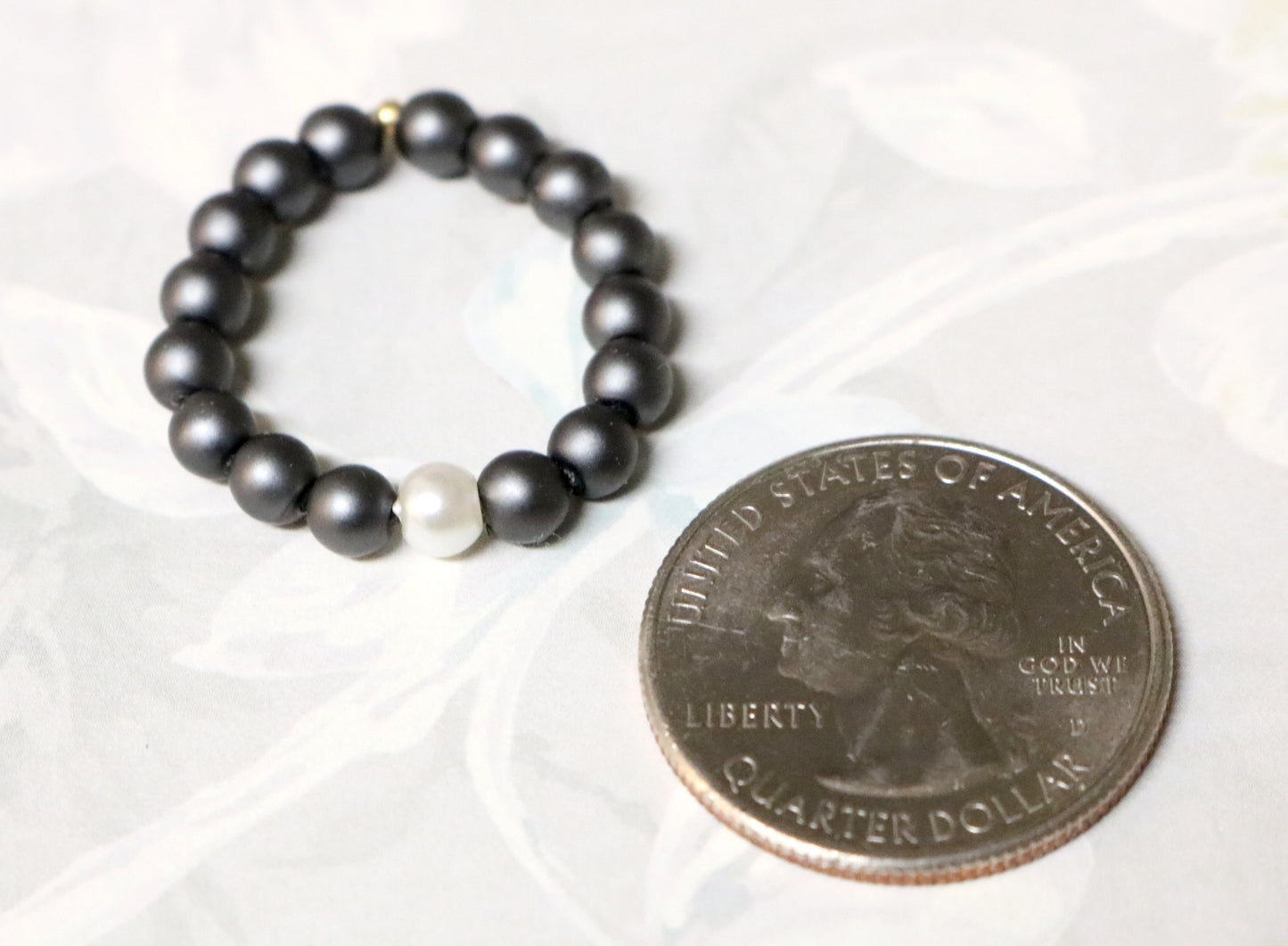 Pearling on the Ritz - White Glass Pearl and Gun Metal Grey Round Beaded Ring by Monkey's Mojo