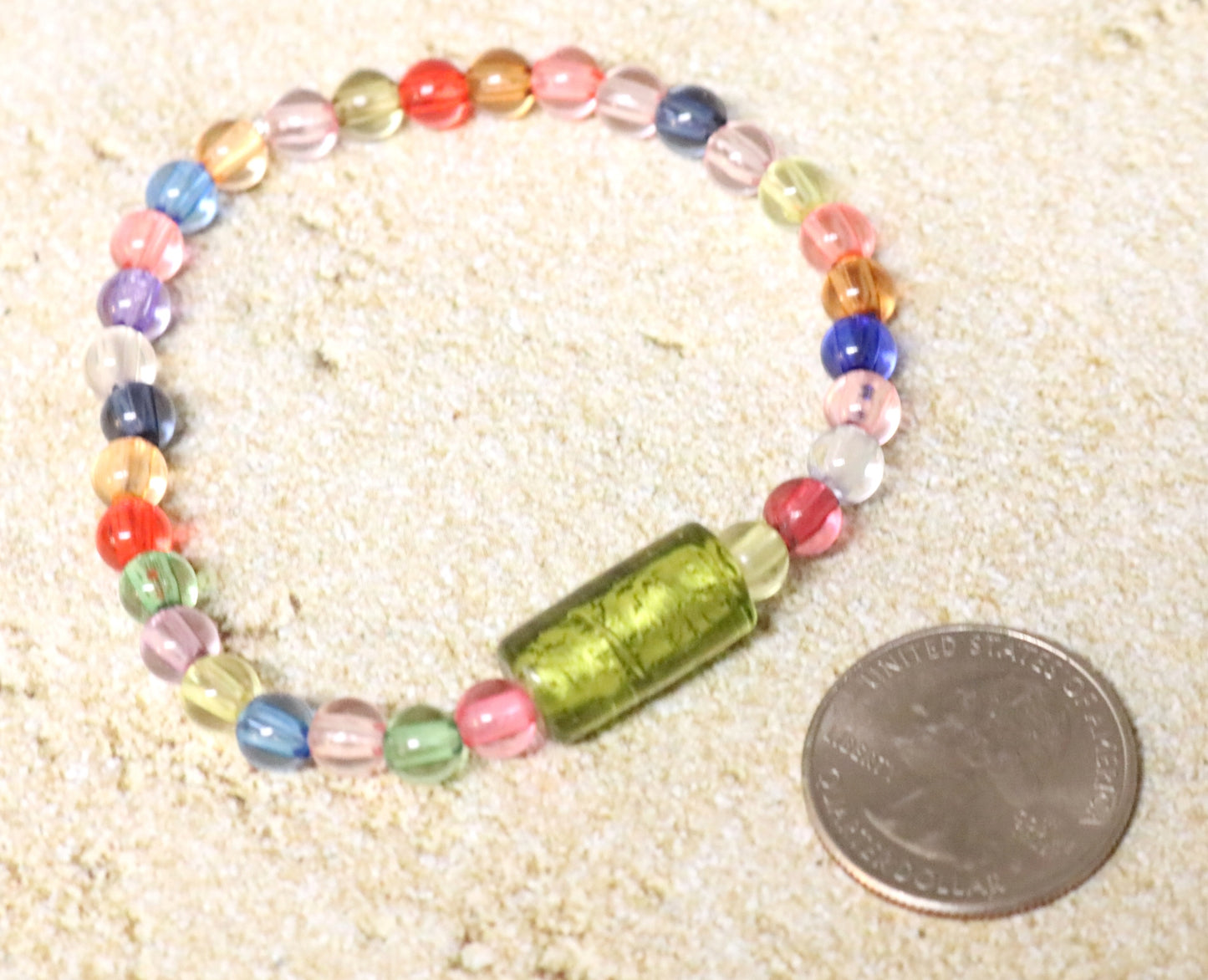 Totally Tubular Lime Green Glass Bead with Semi Translucent Colorful Beads Stretch Bracelet by Monkey's Mojo