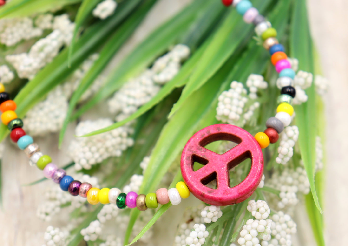 Holler For Howlite Pink Peace Be to You Assorted Seed Bead Glass Bracelet by Monkey's Mojo