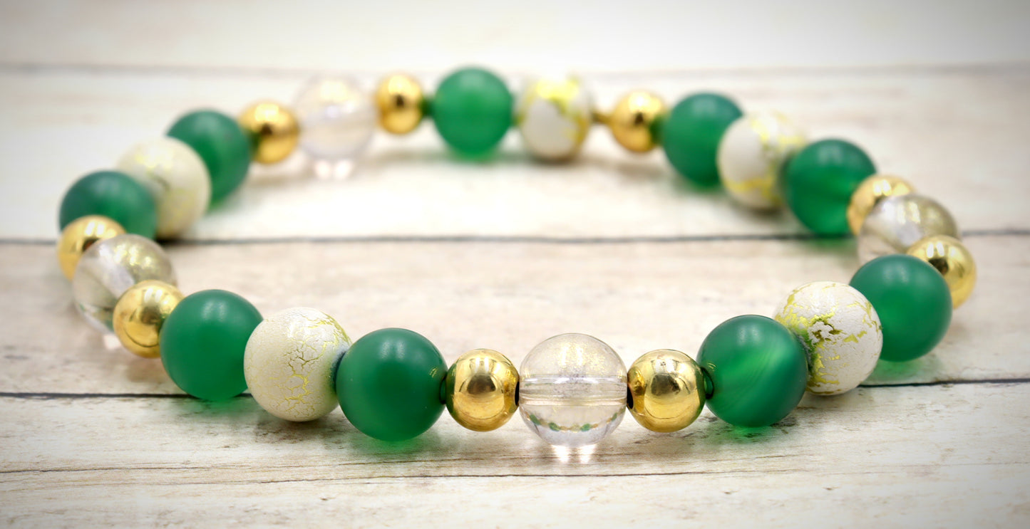 Nature's Dark Green and Golden Embrace - Glass & Agate Handmade Stretch Bracelet by Monkey's Mojo