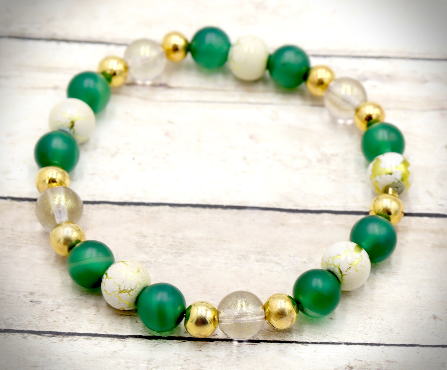 Nature's Dark Green and Golden Embrace - Glass & Agate Handmade Stretch Bracelet by Monkey's Mojo