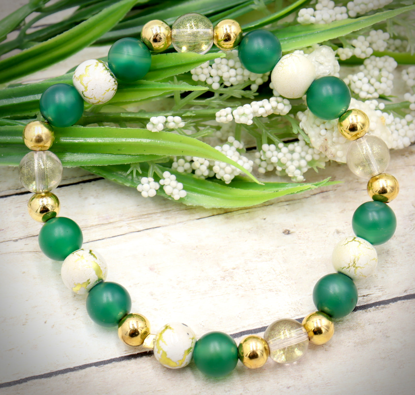 Nature's Dark Green and Golden Embrace - Glass & Agate Handmade Stretch Bracelet by Monkey's Mojo