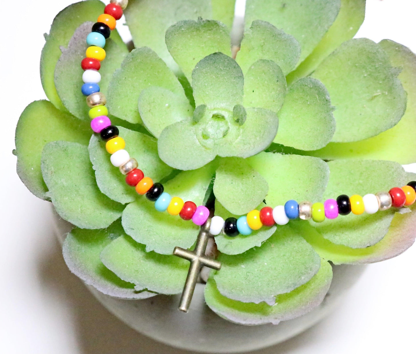 The Cross Was for All God's People Rainbow Assorted Color Glass Beads with Cross Charm Bracelet - Monkeysmojo