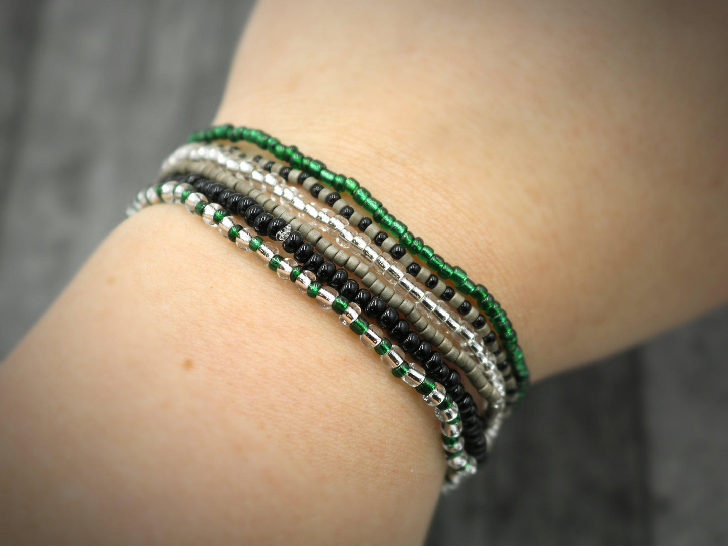 Slither and Slide with this Slytherin Inspired 6 Stretch Boho Bracelet Set – Silver, Black, Green and Grey – Women’s Bracelets Fantasy - Monkeysmojo
