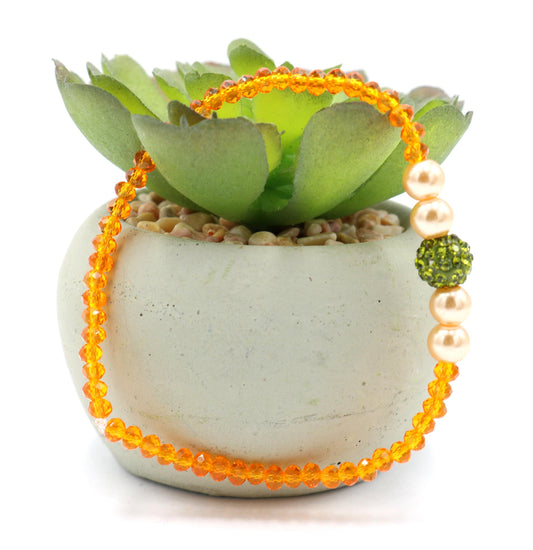Sun Flower Delight Sparkle ME Faceted Orange Glass Beads with CZ Crystal Green Ball Bead Fun Boho Stretch Stack Bracelet Women’s Gift 2022 - Monkeysmojo