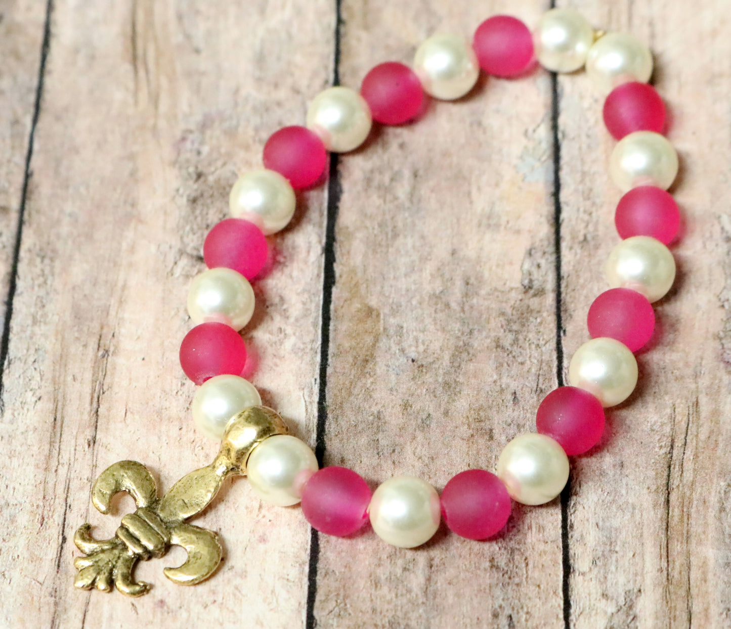 Pink with White Pearls Yellow Gold Tone Hammered Fleur De Lis Charm - Bracelet by Monkey's Mojo
