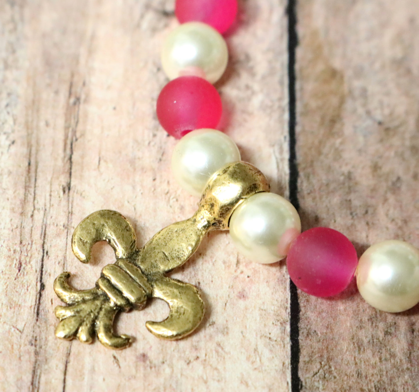 Pink with White Pearls Yellow Gold Tone Hammered Fleur De Lis Charm - Bracelet by Monkey's Mojo