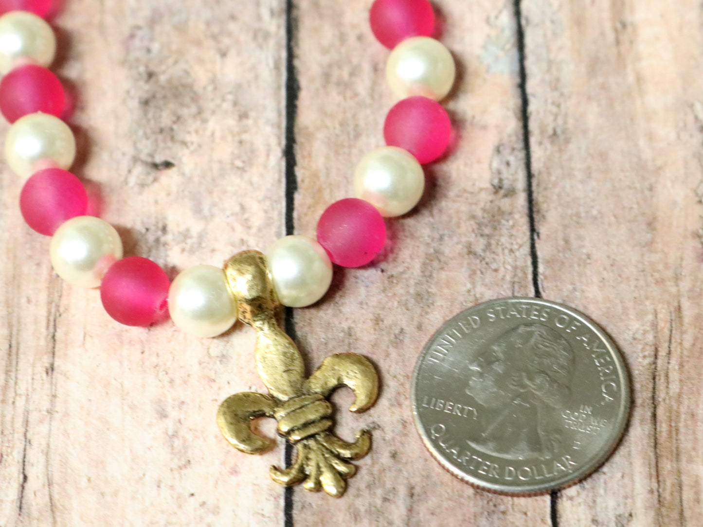 Pink with White Pearls Yellow Gold Tone Hammered Fleur De Lis Charm - Bracelet by Monkey's Mojo