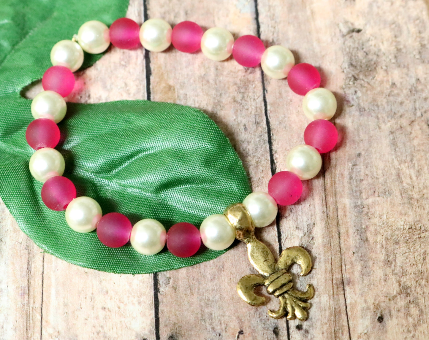 Pink with White Pearls Yellow Gold Tone Hammered Fleur De Lis Charm - Bracelet by Monkey's Mojo