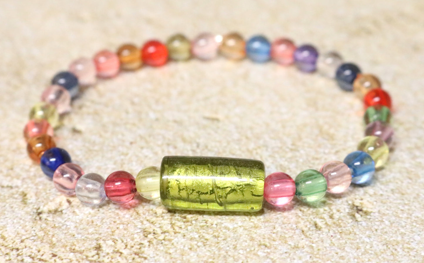 Totally Tubular Lime Green Glass Bead with Semi Translucent Colorful Beads Stretch Bracelet by Monkey's Mojo