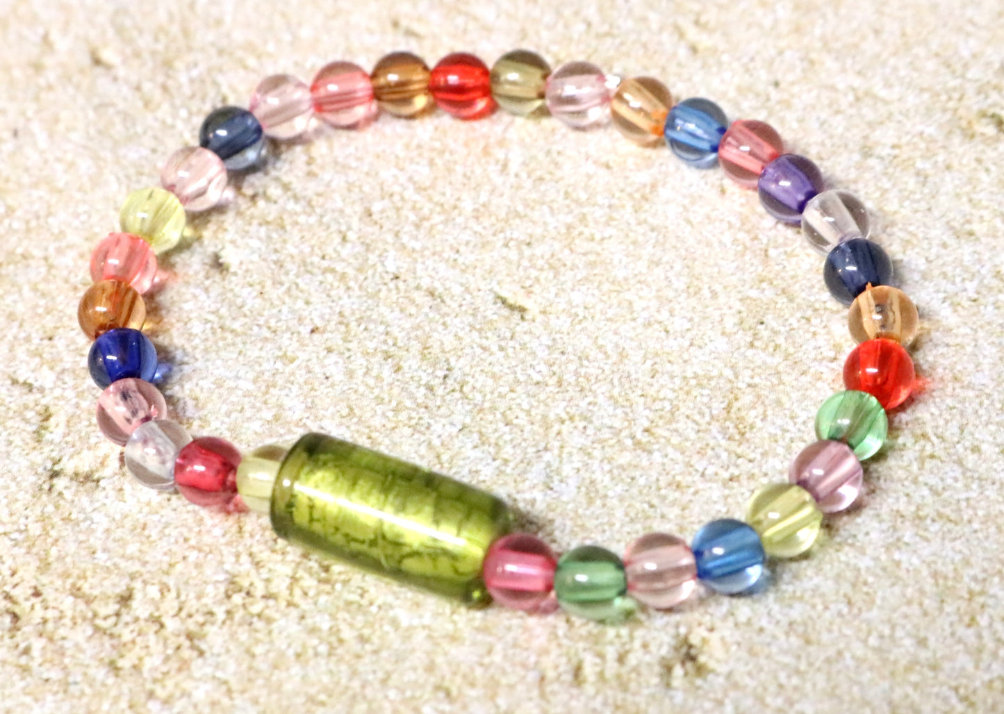 Totally Tubular Lime Green Glass Bead with Semi Translucent Colorful Beads Stretch Bracelet by Monkey's Mojo