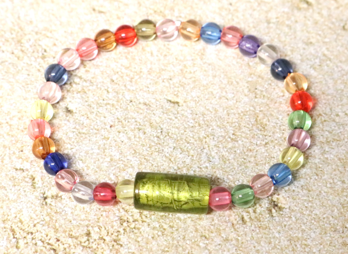 Totally Tubular Lime Green Glass Bead with Semi Translucent Colorful Beads Stretch Bracelet by Monkey's Mojo