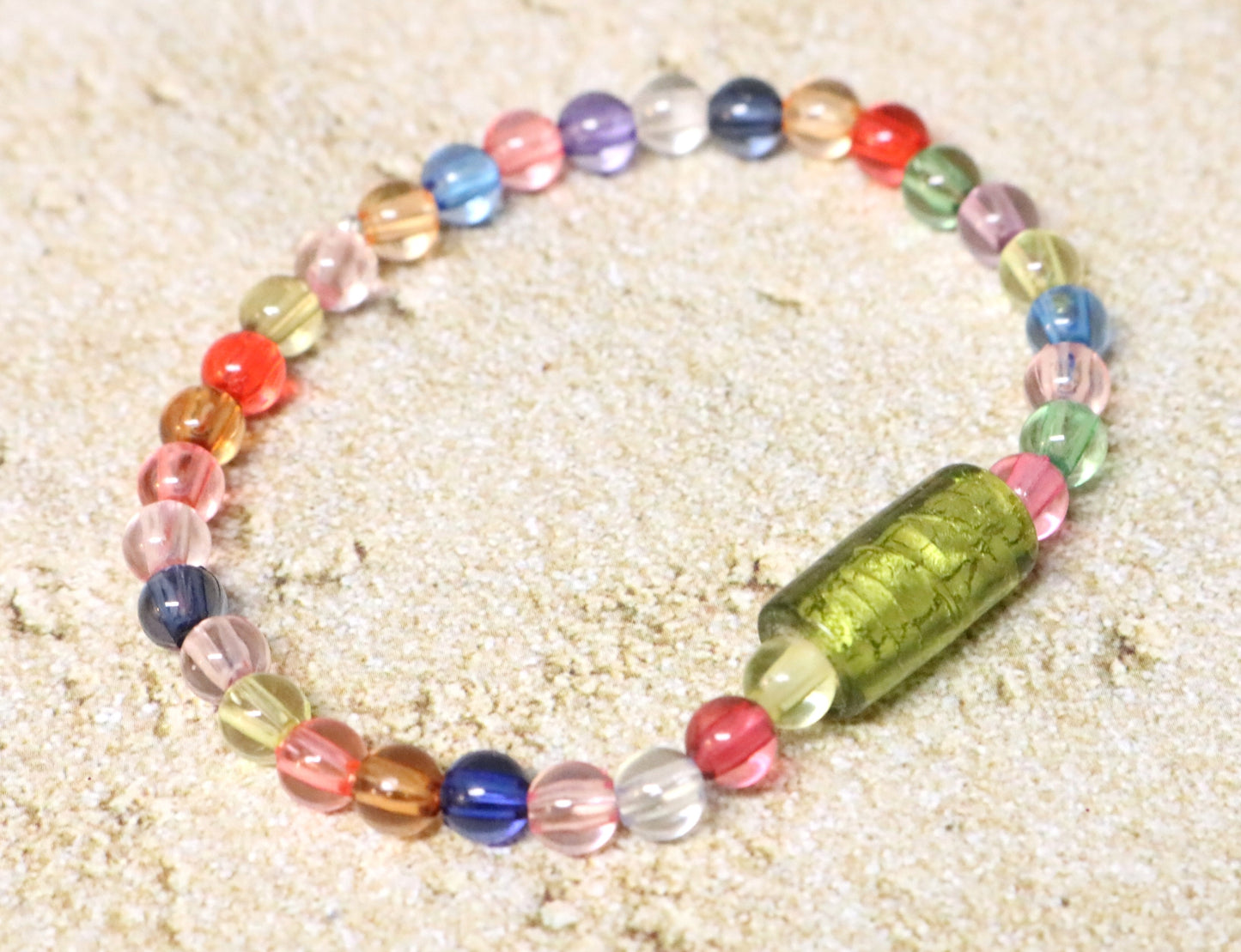 Totally Tubular Lime Green Glass Bead with Semi Translucent Colorful Beads Stretch Bracelet by Monkey's Mojo