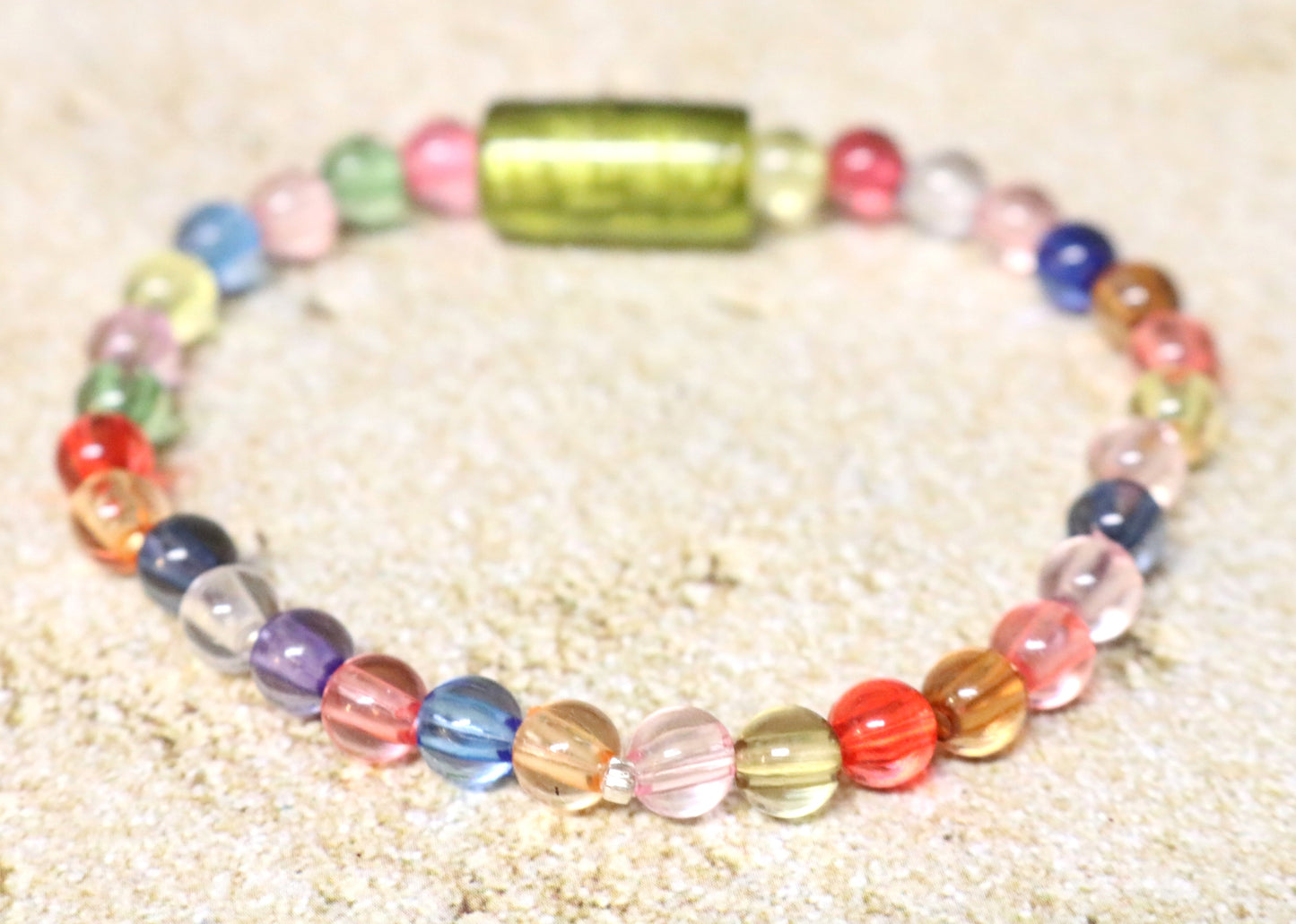 Totally Tubular Lime Green Glass Bead with Semi Translucent Colorful Beads Stretch Bracelet by Monkey's Mojo