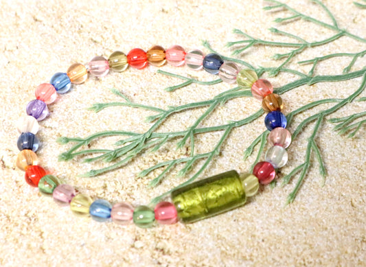 Totally Tubular Lime Green Glass Bead with Semi Translucent Colorful Beads Stretch Bracelet by Monkey's Mojo