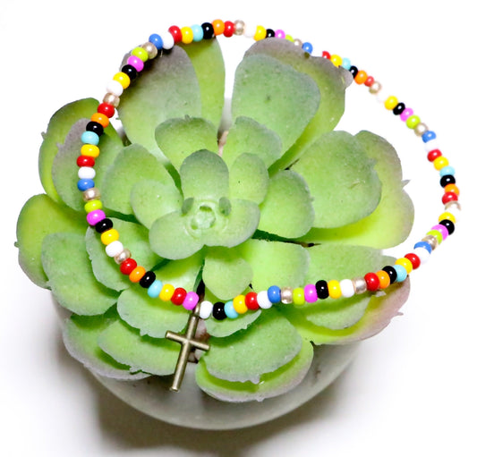 The Cross Was for All God's People Rainbow Assorted Color Glass Beads with Cross Charm Bracelet - Monkeysmojo