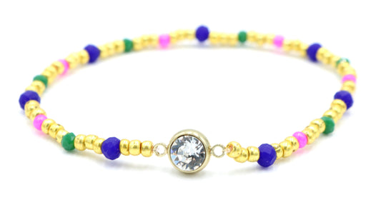 Luxury Yellow Gold Tone, Dark Blue, Hot Pink, and Green CZ Charm Glass Bead Women's Bracelet - Monkeysmojo