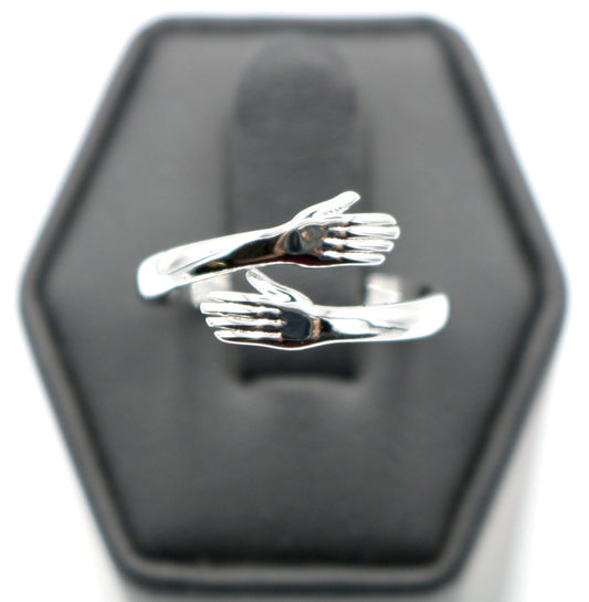 Stunning Silver Toned Love Hugging Detailed Hand Stackable Ring - Hug Ring 2021 Cute Design Ring Adjustable Ladies Open Ring - New - Monkeysmojo