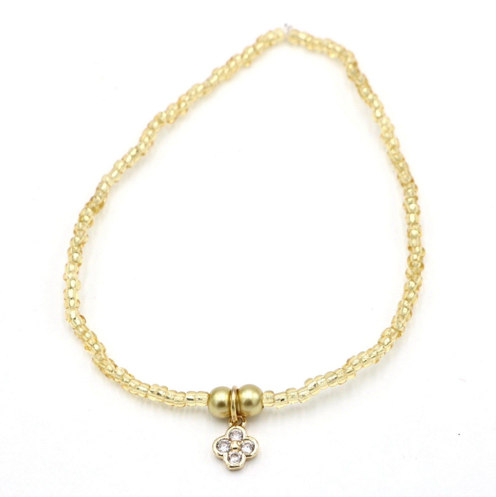 Stunning 14K Gold Filled Zicron Four-Leaf Clover Pendant 6mm Delicate Women’s Girl Stretch Bracelet with 1.5 mm Yellow Gold Toned Seed Beads - Monkeysmojo